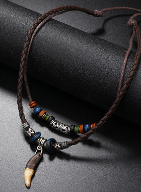 新款复古民族风服装配饰个性狗牙吊坠士皮革项链多层长款项饰