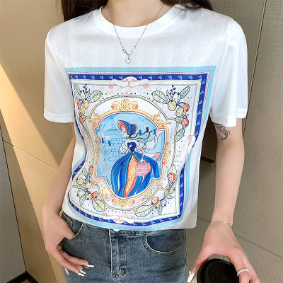 重磅真丝t恤女圆领短袖2025夏季桑蚕丝拼接棉宽松印花设计感上wl