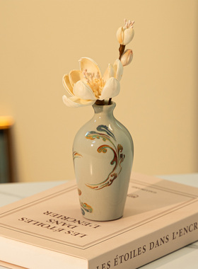 手绘敦煌壁画釉下彩花瓶台面仿真花插花干花客厅玄关电视柜装饰品