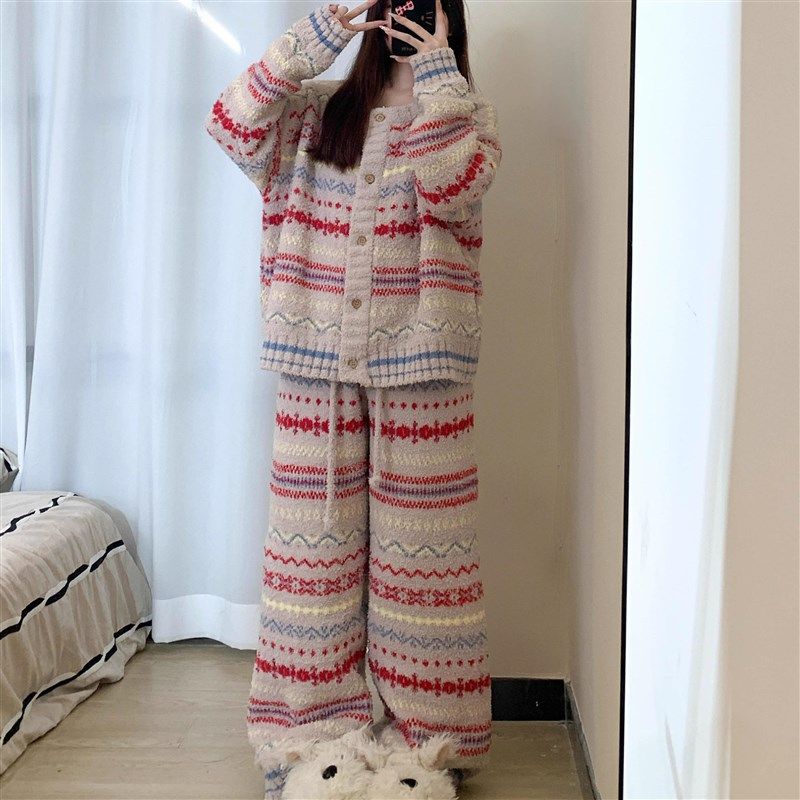 冬日大码保暖睡衣女2024冬季新款针织半边绒彩色条纹家居服两件套,淘宝优惠券,粉丝福利购,淘宝优惠卷