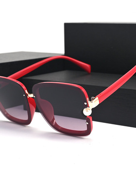 大红色女士偏光太阳镜珍珠装饰优雅气质女款墨镜防晒高清眼镜方形