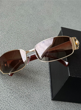 复古风偏光太阳镜小方框偏光镜金框茶片墨镜黑色金属框小脸防晒
