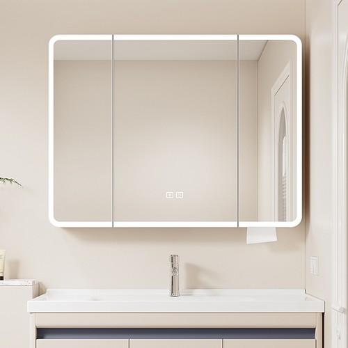 奶油风太空铝圆弧镜柜卫生间智能灯光除雾加厚带美妆架抽纸口镜柜 - 图3