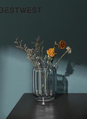 博西家居 蓝色透明竖楞高脚玻璃花瓶家居设计师客厅软装饰品花器