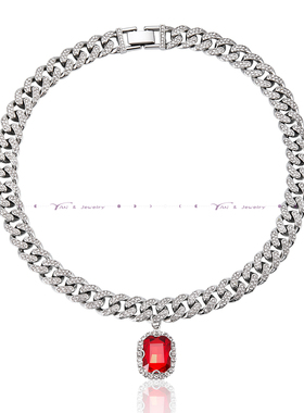 DH7镶钻锆石红宝石吊坠古巴项链