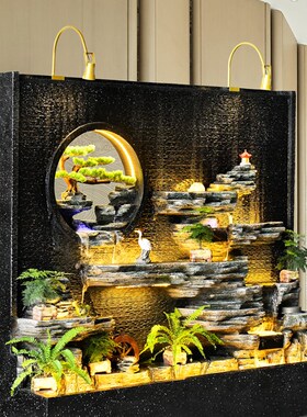 极速中式水幕墙假山流水墙喷泉循环水落地别墅P庭院客厅玄关摆件