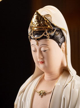 净瓶观音佛像中式陶瓷描金禅意灯圈家居客厅玄关摆件观世音菩萨像