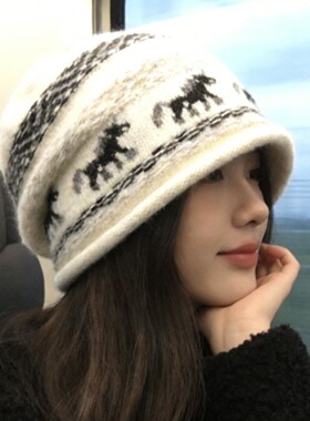 Double inin 费尔岛复古毛线针织冷帽女冬堆堆帽显脸小包头帽
