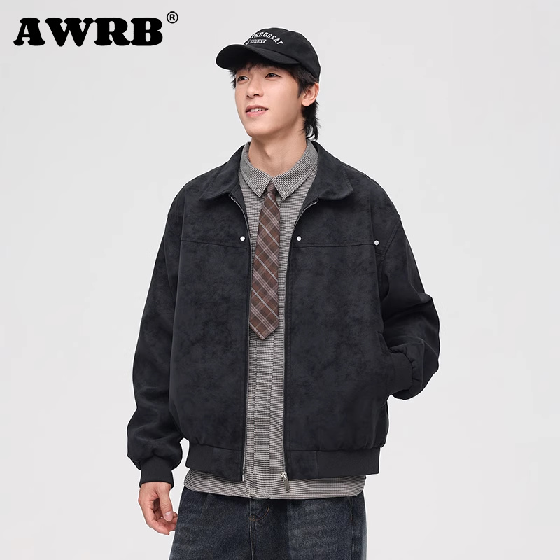 AWRB美式复古翻领皮衣男春秋季新款潮牌宽松百搭潮流夹克休闲外套 - 图1