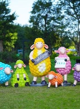 玻璃钢户外卡通绵羊雕塑小区幼儿园园林景观彩Q色卷毛羊雕塑装饰