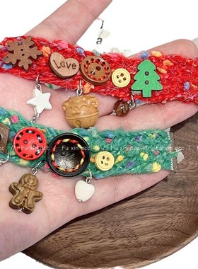 圣诞节可爱檀木姜饼人手链小巧精致实木铃铛吊坠手环时尚百搭手饰