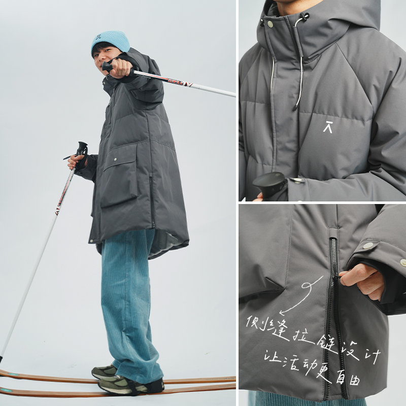 ACMEITEM爱棵米 户外长款连帽羽绒外套宽松保暖可调节羽绒服男女