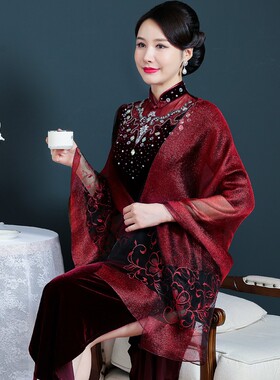 酒红色喜婆婆婚宴装真丝丝巾旗袍披肩外搭妈妈两用围巾外披薄款
