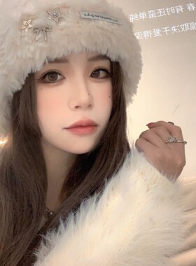 白色毛绒帽子女秋冬可爱甜美软糯针织帽大头围显脸小网.红护耳冷