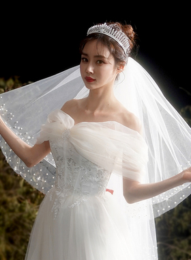 短款新娘结婚头纱超仙森系x网红拍照道具领证白色头纱珍珠头饰