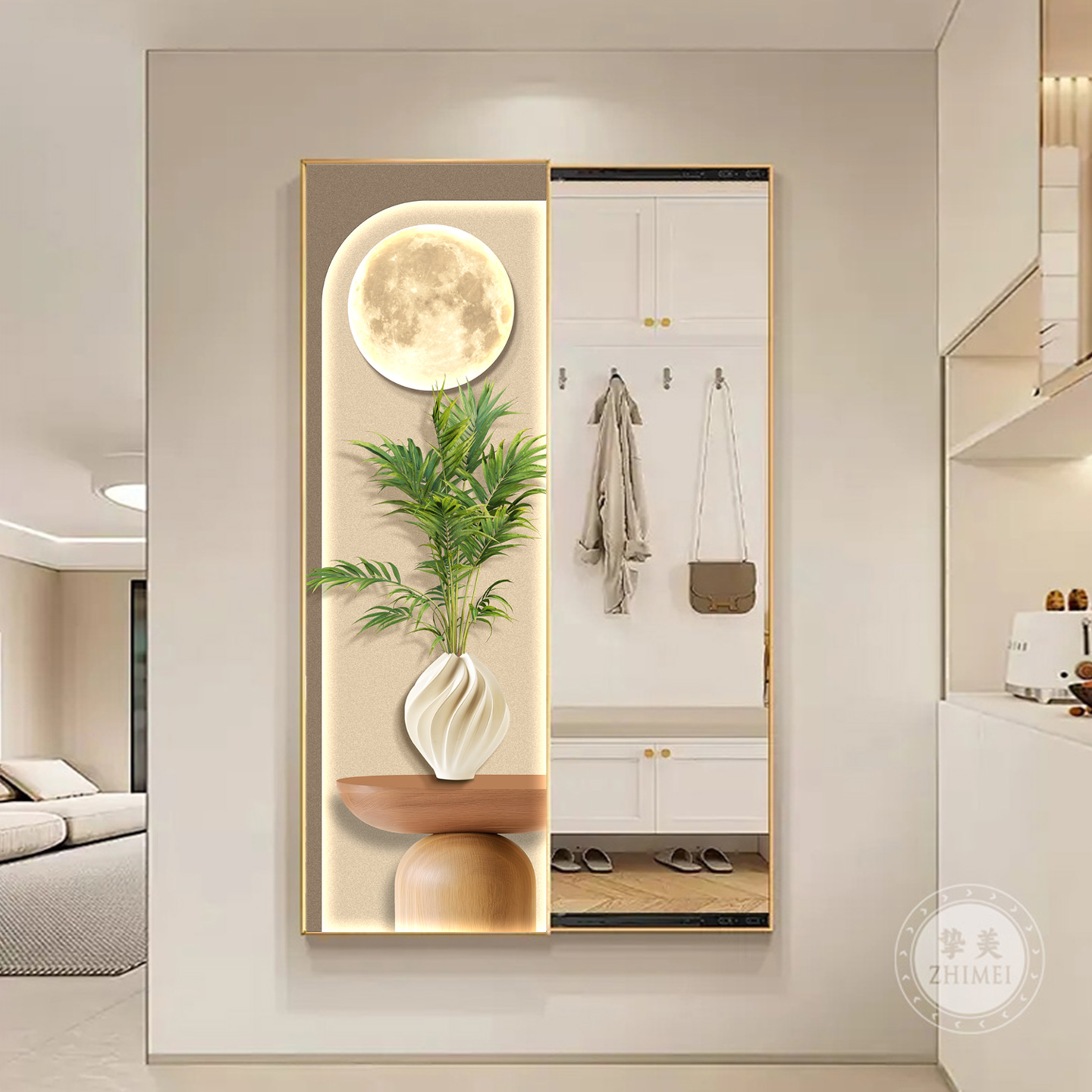 绿植暗藏式全身镜装饰画推拉隐形穿衣镜奶油风入户玄关走道墙挂画 - 图3