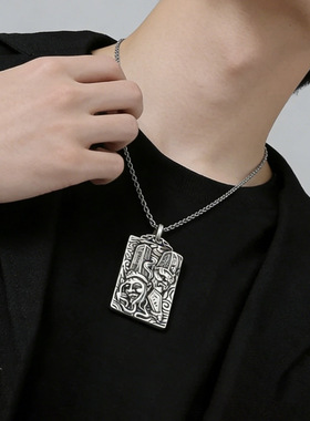 潮流复古黑白无常方牌项链男