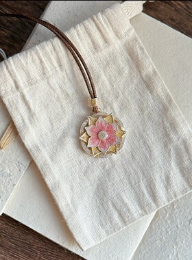 新中式粉莲描金珐琅彩项链女