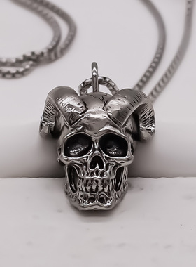 复古羊角骷髅头项链男