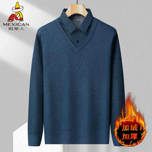 稻草人假两件毛衣男士秋冬季新款中年爸爸装打底衫加绒针织上衣J - 图2