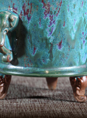 钧瓷摆件温红远大师炭烧吉象三足炉陶瓷家居摆件香炉焚香室内家用