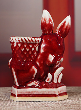 钧瓷笔筒陶瓷可爱兔子办公室桌面摆件古风宫廷中式茶艺开学季礼品