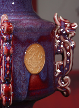 中式禹州神垕钧瓷窑变红釉如意樽客厅玄关博古架摆件高档送礼盒装