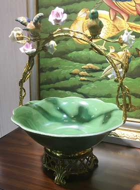 美饰家居陶瓷配铜小鸟提篮果盘 客厅茶几美式家居高端工艺品摆件
