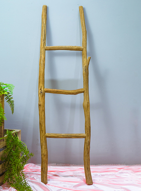 复古干树枝北欧装饰梯子木棍梯形落地挂美式实木楼梯拍摄陈列道具
