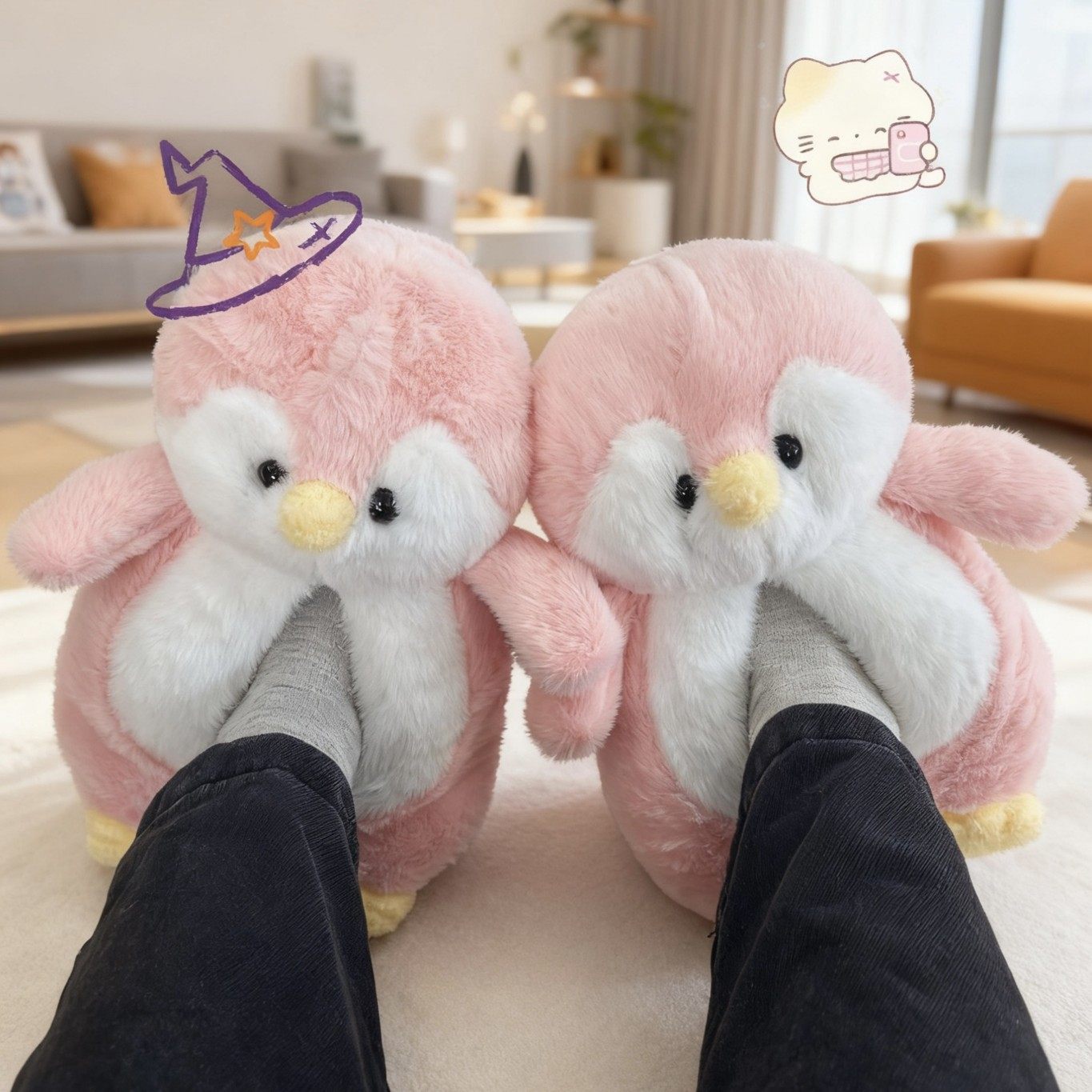企鹅棉拖鞋!女秋冬季室内居家厚底包跟毛绒儿童月子冬天卡通居家,淘宝优惠券,粉丝福利购,淘宝优惠卷
