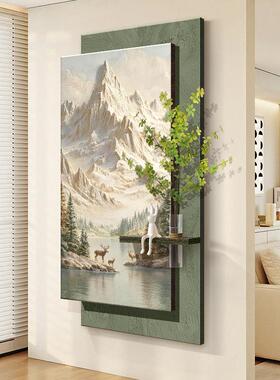 北欧金山玄关装饰画聚宝盆走廊砂岩壁画灯麋鹿水培绿植入户门挂画