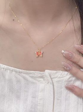 铜镀金新中式珐琅蝴蝶项链黄金女 纯金吊坠新款挂坠送女友礼物批