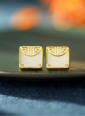 925银镀金方形双喜白玉髓国潮古风宫廷风气质复古女士时尚耳环