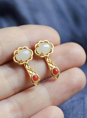 【吉祥如意】天然和田玉白玉如意女耳钉925银玉石古风民族风耳饰