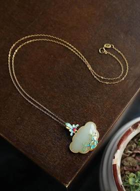 中国风老北京烧蓝纯银鎏金烧蓝玉兰花和田玉吊坠如意项链复古气质