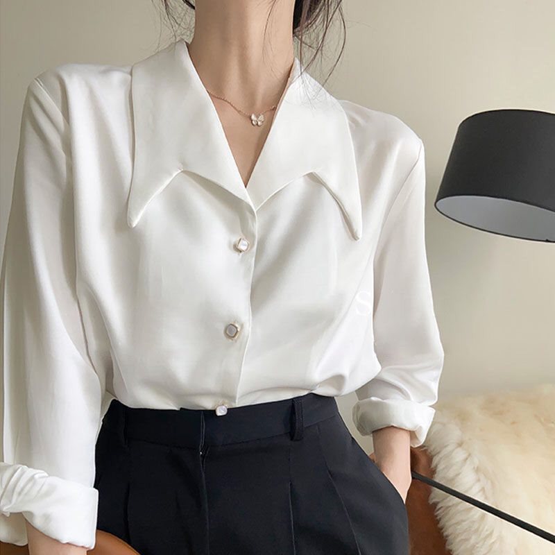2024春秋法式大尖领白衬衫女新款长袖感白色衬衣职业装上衣 - 图3