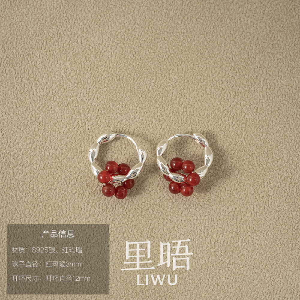 里晤LIWU·赤玉系列|S925纯银红玛瑙花朵耳扣显白新中式中秋礼物 - 图0