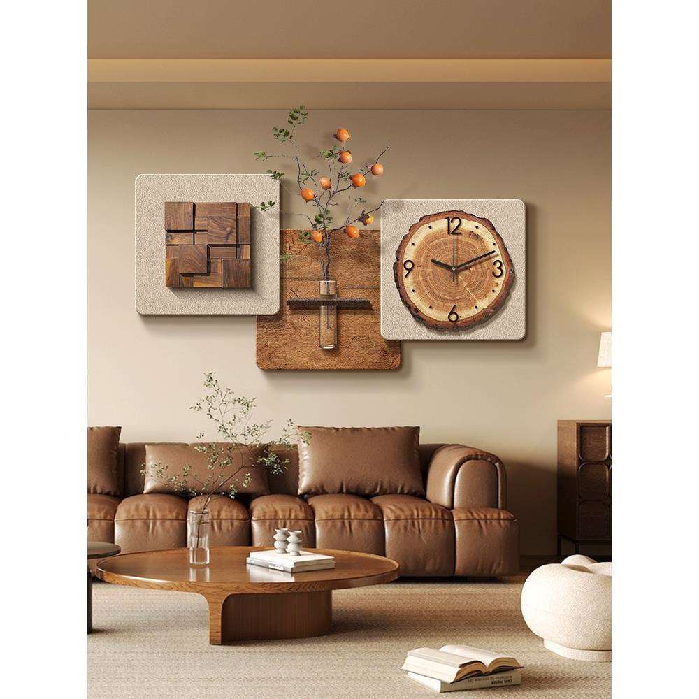 立体砂岩中古风餐厅装饰画2025新款带钟表餐桌客厅挂画墙面高级感 - 图1