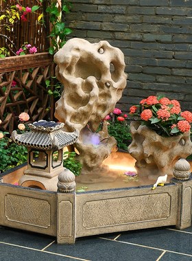 庭院造景布置太湖石院落景观流水摆件户外庭院鱼池假山鱼缸水景