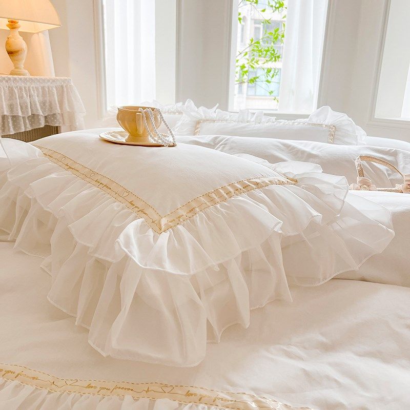 公主风全棉双人长枕套纯棉双层雪纺花边单人家用成人枕头套一对装,淘宝优惠券,粉丝福利购,淘宝优惠卷