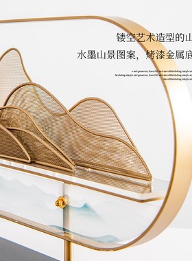轻奢新中式铁艺假山样板间书房玄关柜摆件酒店办公桌高端软装饰品