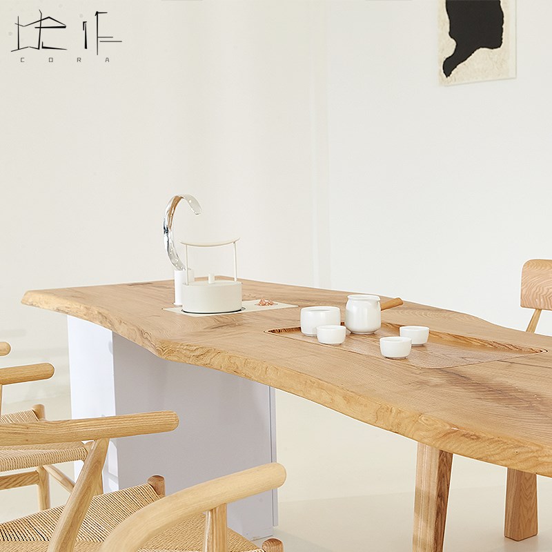 白蜡木实木茶桌自然边原木大板茶台简约时尚新中式多功能茶几一体 - 图1