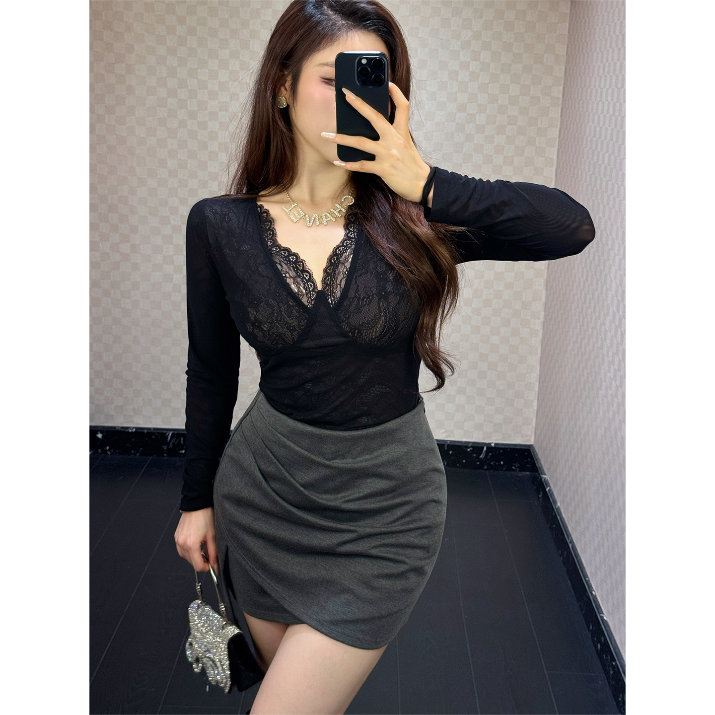 B-babes【星纱物语】纯欲性感辣妹黑色蕾丝花边打底衫女内搭长袖,淘宝优惠券,粉丝福利购,淘宝优惠卷