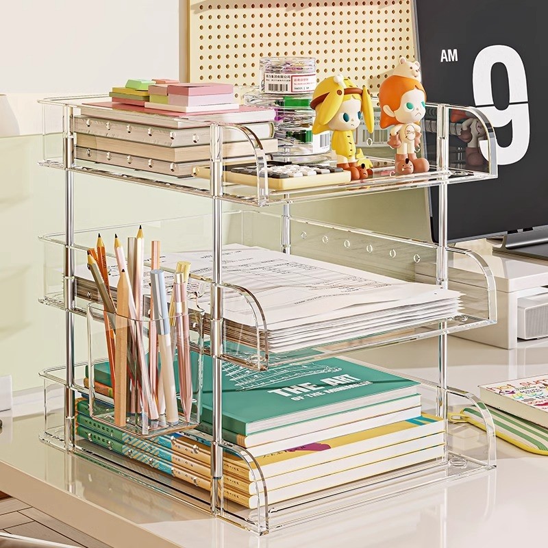 办公室文件学生学习书桌分层透明书架桌面置物架收纳盒亚克力桌架,淘宝优惠券,粉丝福利购,淘宝优惠卷