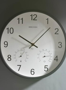曲木客厅卧室带温度湿度计的挂钟B简约原木胡桃黑白数字钟表石英