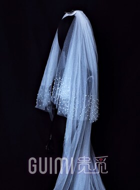细闪钉珠头纱新娘主婚纱打拖尾头饰F简约长款婚礼写真拍照珍珠道