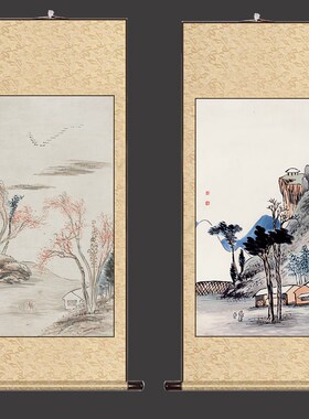 齐白石卷轴挂画水墨虾p蟹图新中式卧室玄关宣V纸画背景客厅装饰画