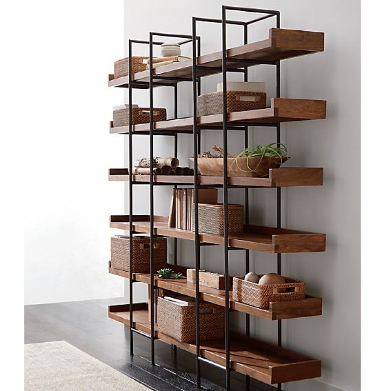 Iron solid wood bookshelf, American display rack, floor-to-ceiling wall-mounted living room storage rack, retro partition, multi-layer office bookcase