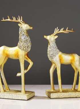 美式树脂麋鹿招财摆件新中式客厅玄关样板房博古架酒店桌面装饰品