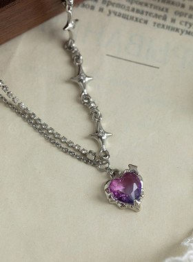 辣妹风渐变色法式甜酷紫色爱心项链女桃心双层锁骨链高级感颈链银